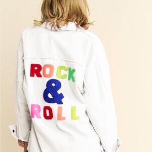 DAVI & DANI Rock & Roll Fringe Shacket White Graphic Button Down Cotton